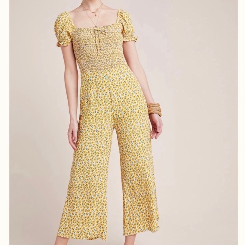 Faithfull the Brand Della Smocked Short Sleeve Wide Leg Floral Jumpsuit Yellow